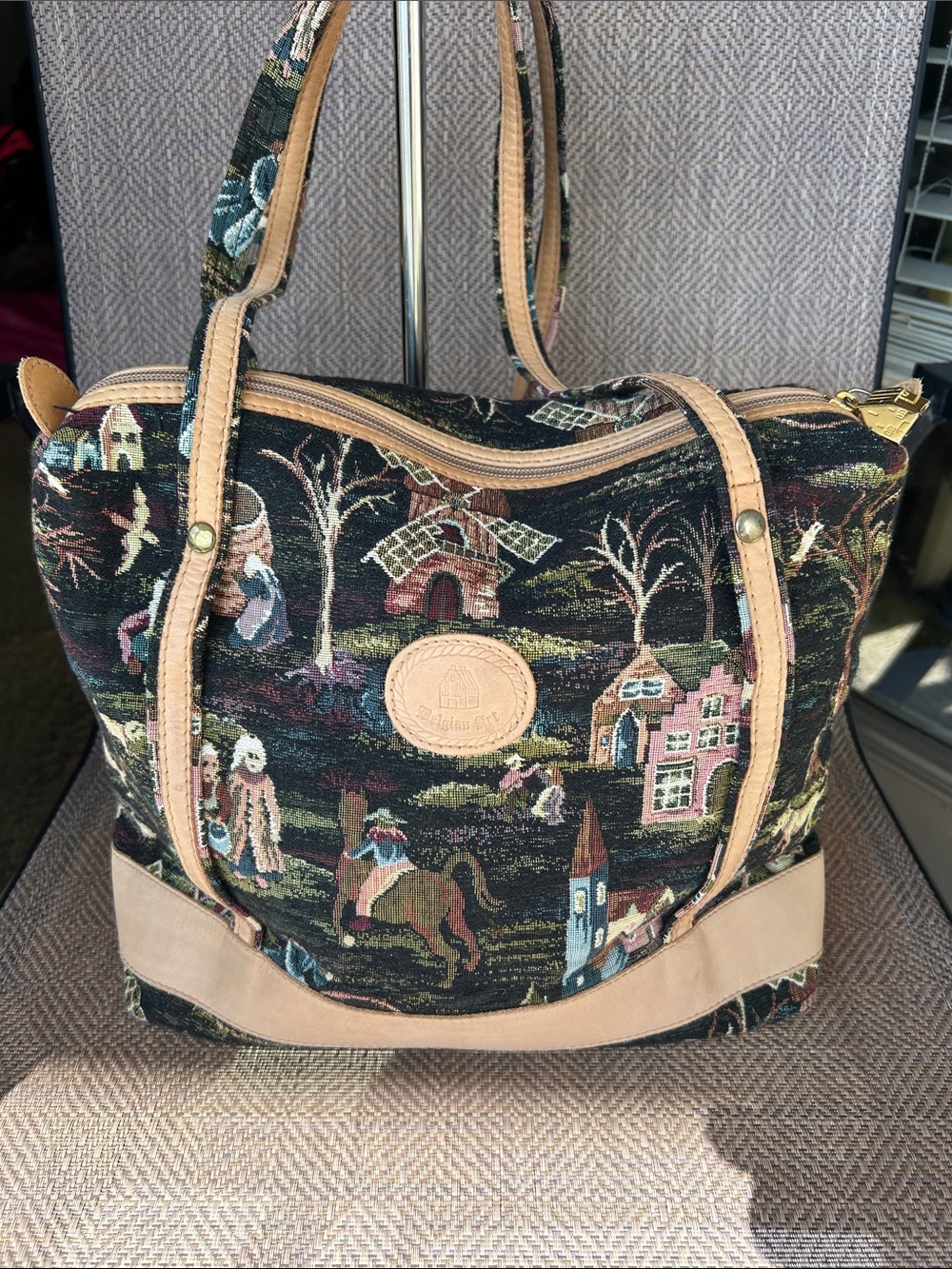 Belgian Art Tapestry Village Scene Tote Bag with Leather Trim.